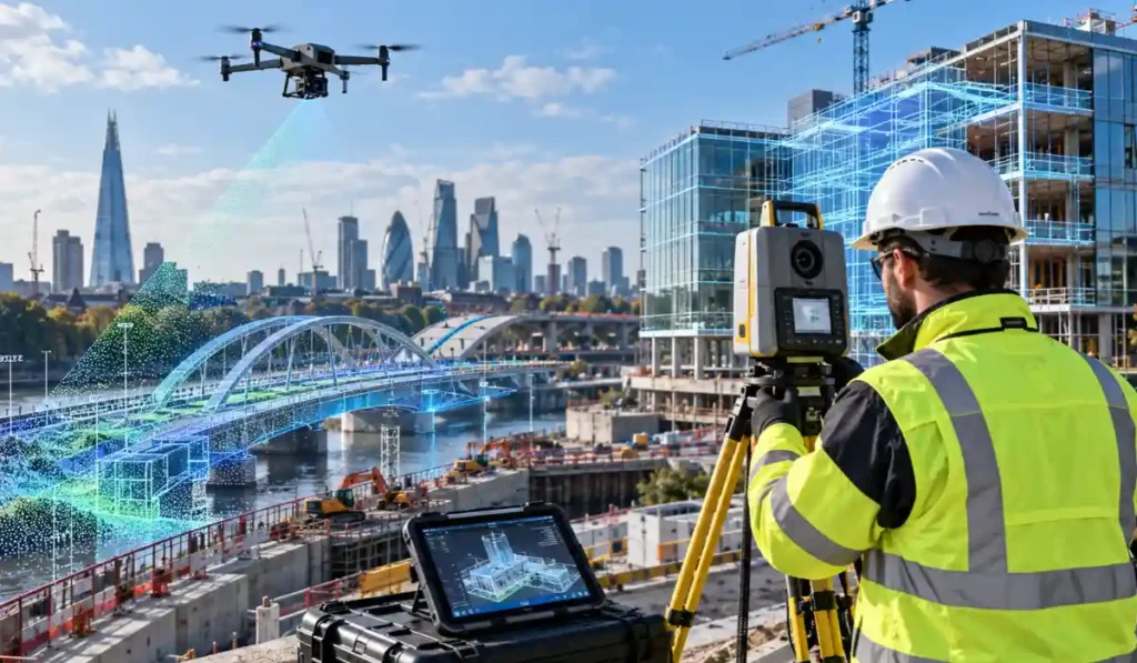 Construction worker in a high-visibility vest and hard hat operates a tripod surveying instrument on a riverside site, with a drone overhead and holographic blueprints in the air.