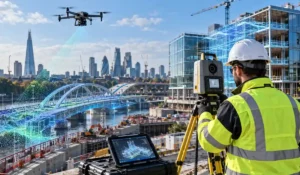 Construction worker in a high-visibility vest and hard hat operates a tripod surveying instrument on a riverside site, with a drone overhead and holographic blueprints in the air.